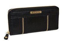 NEW MICHAEL KORS MOXLEY BLACK LEATHER+GOLD TONE CONTINENTAL ZIP CLUTCH WALLET