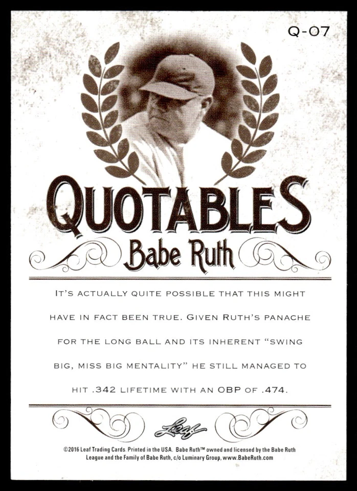 2016 Leaf Babe Ruth Collection Babe Ruth #Q-07 - Image 2 of 2