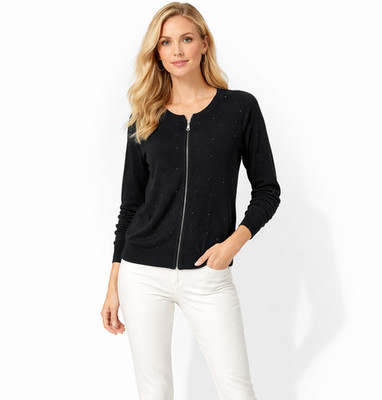 ST. JOHN Spa Black Rhinestone Zip Front Lightweight Knit Jacket Cardigan M 8/10
