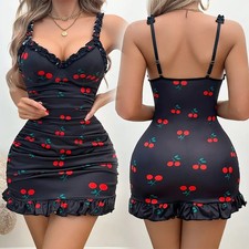 Women Sexy Lingerie Lace Babydoll Teddy Cherry Pattern Nightdress Sleepwear Gift