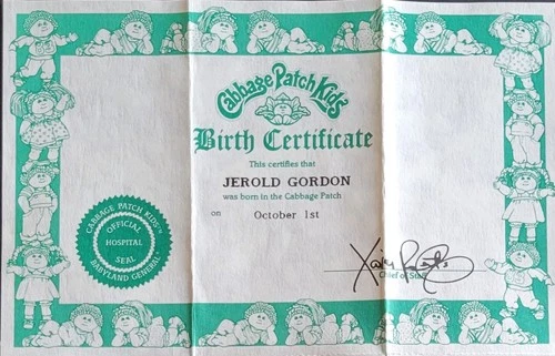 Vintage Cabbage Patch Kids Birth Certificate Boy ~ Jerold Gordon ~ Coleco 1980s