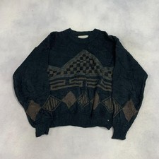Vintage Abstract Knitted Jumper Patterned Grandad Knit Sweater Men's L