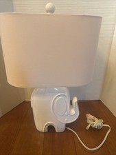 Kids White Elephant Resin Table Bedside Lamp Trunks Up For Luck pink Lampshade