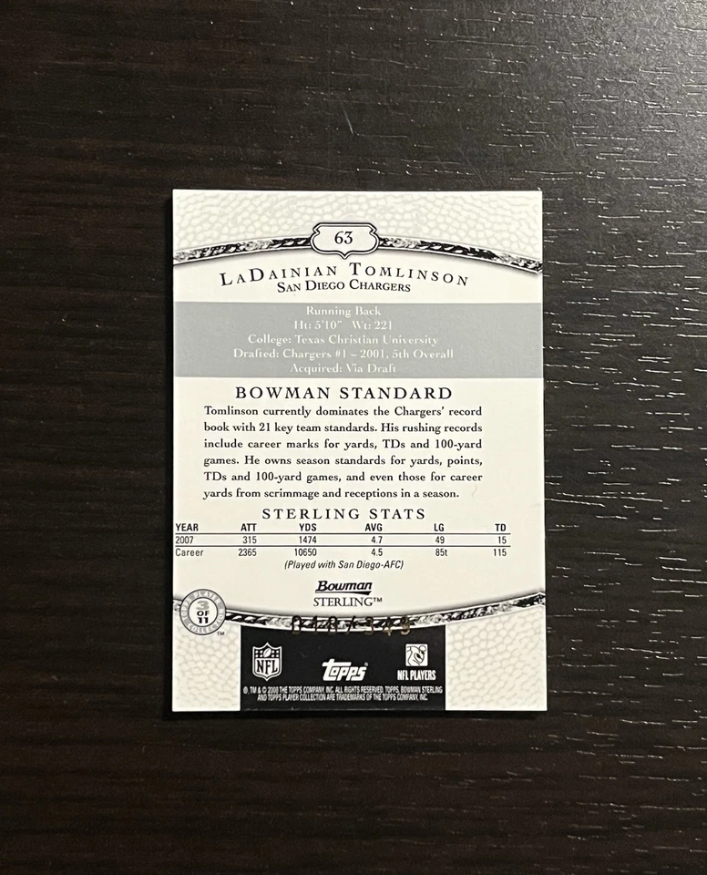 LADAINIAN TOMLINSON 2008 Bowman Sterling Blue Game Used JERSEY PATCH Card /349! - Image 2 of 3