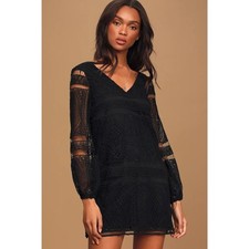 NWT LULUS Til The End Of Time Black Boho Lace Long Sleeve Mini Shift Dress Small