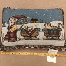 Tapestry Christmas Throw Pillow, Dog, Cat, Sled, Santa, Smiling 18  X 13  