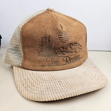 Vintage USA MADE Corduroy Leather The Rockies Mountains Trucker Hat Snapback Cap