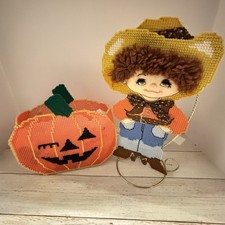 Vtg.Halloween Plastic Canvas HandMade Pumpkin  Scarecrow