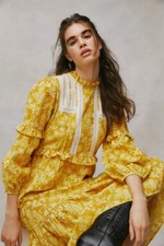 Laura Ashley Urban Outfitters Dress Womens XS Yellow Floral Prairie Midi Lace