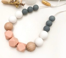 Beaded Wood Silicone Teething Necklace Gray White Peach Babies Teethers