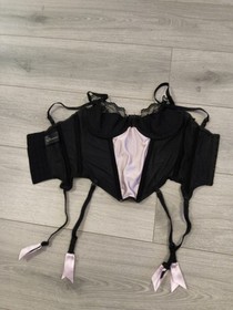 Ann Summers Black & Light Pink Satin Lace & Mesh Suspender Basque Size 36B