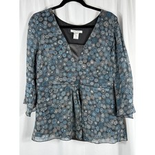 Nine West 100% Silk Women's Blue Gray Floral V-Neck Sheer Blouse Size 12