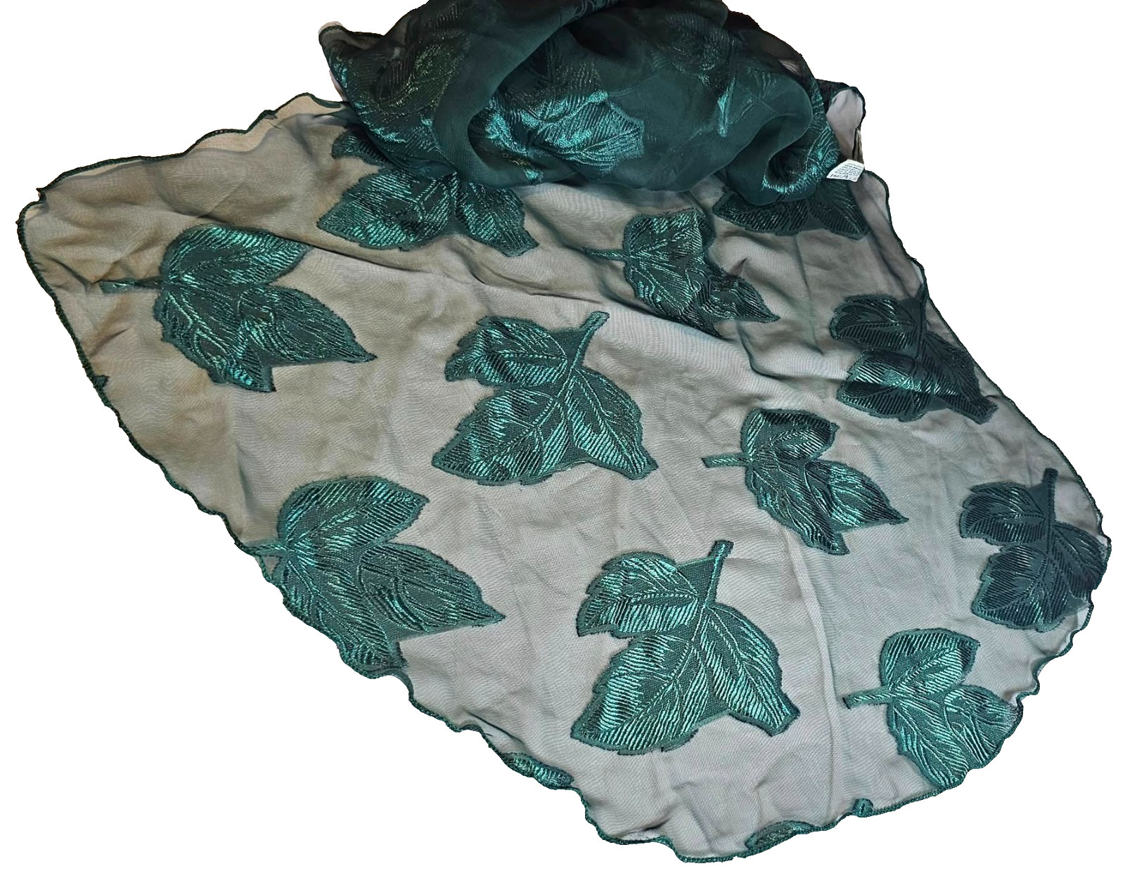 LIZ CLAIBORNE Green Leaf Leaves Shaped Scarf Accent Shimmer Unique Vtg RARE