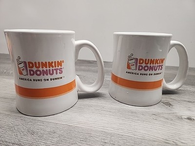 Retro Dunkin Donuts Mug America Runs On Dunkin 2008 Orange Stripe Lot Of 2