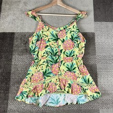 Farm Rio Tropical Floral Ruffle Embroidered Peplum Yellow Pink Sleeveless Top S