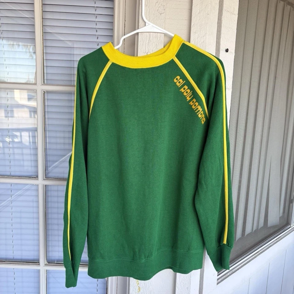 Camisa Manga Larga Cal Poly Pomona True Vintage Años 70 Verde Amarillo Rayas Talla XL Foto 2 de 4