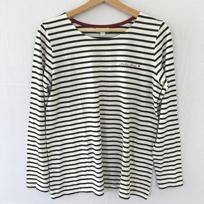 J. Jill Womens Small Striped More Love Embroidered Long Sleeve Tee Black White