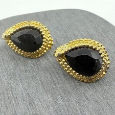 Black Faceted Teardrop Clip On Earrings Gold Tone Ornate Statement Jewelry