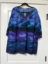 Catherine’s Plus Size 18/20 Blouse Water Color Blue Embellishes Boho Bell Sleeve
