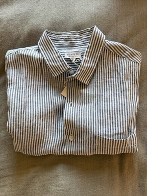 NWT Sunspel Blue Stripe Short Sleeve Linen Shirt $245