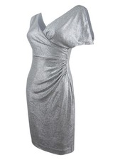 Lauren by Ralph Lauren Women's Petite Metallic Surplice Dress (10P,Silver/Beige)