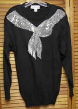 80s Victoria Harbour Silver Sequin Bow Holiday Party Dolman Black Sweater Large