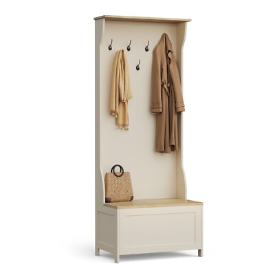 Cream Coat Stand with Shoe Storage, Hallway Unit Storage Bench