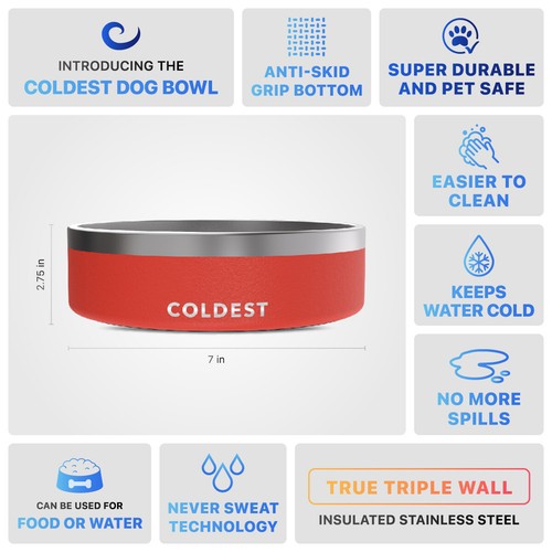 Coldest 42oz Dog Bowl - Stainless Steel Non Slip Dog Bowls, Cats, Pet Feeding - Picture 50 of 153