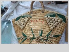 Vintage Straw Woven Large Tote Beach Bag Purse 3D Fruits 1960