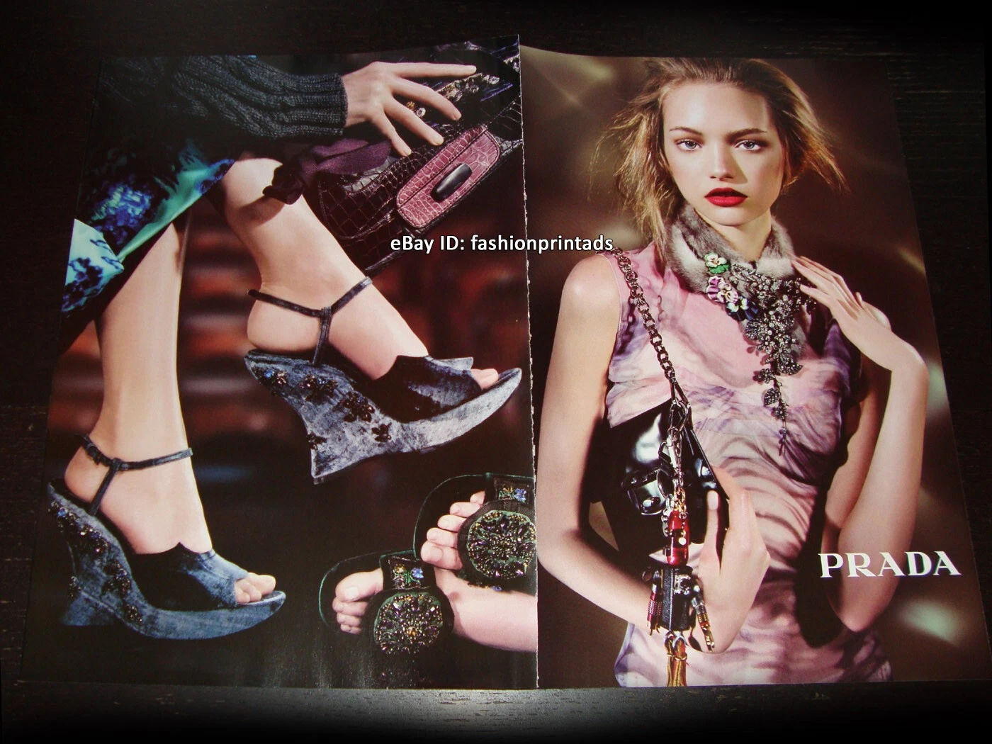 vintage PRADA 6 pagine STAMPA ANNUNCIO autunno 2004 GEMMA WARD Karen Elson DONNA PIEDI CAVIGLIE