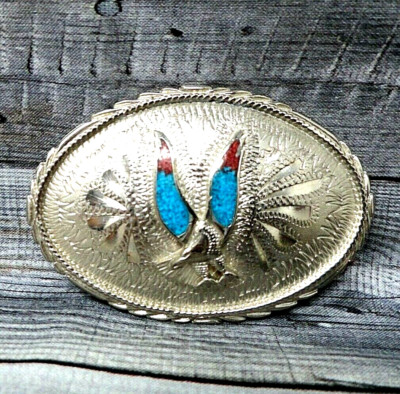 Eagle Belt Buckle Native Style Silver Tone Metal Blue & Red Inlay Vintage.PCB438