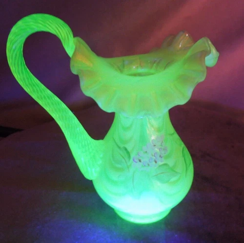 FENTON Topaz Optic Opalescent Hydrangea Uranium Vaseline Glass Pitcher Vase