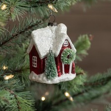 Ragon House Red Mercury Glass Christmas Village Putz House Ornament with Wreath