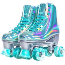 JajaHoho Women's Holographic Roller Skates Quad Four-Wheel Outdoor Green