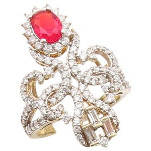 Authentic 925 Sterling Silver Vintage Ring Gold Plated Ruby & CZ Openwork Sz 7 RG36780