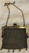 Antique Art Nouveau whsco German Silver Mesh Purse, Embossed Floral Frame, Beads
