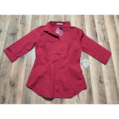 Active USA Button Down Shirt Womens Small Red Adult 3/4 Sleeve Cotton Spandex