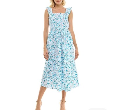 Draper James Ruffle Sleeve Dress Sz L Blue Paisely 100% Cotton Midi Sun Tiered