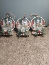 Set Of 3 Snow Globe Ornaments Featuring 2 Deer, Snow And Trees Very Nice Pieces