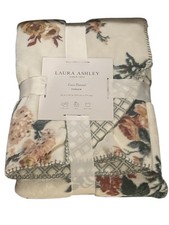 Laura Ashley- Rosemore Tan Floral Reversible Coco Flannel Throw Blanket NEW