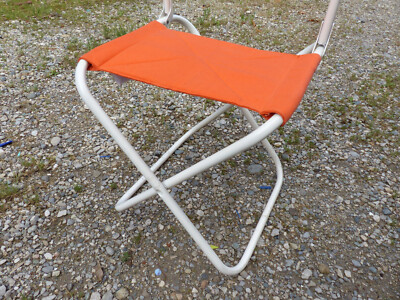 2 Fauteuils Camping Ancien Tissu Raye Orange Rouge Retro Quitch Pliant