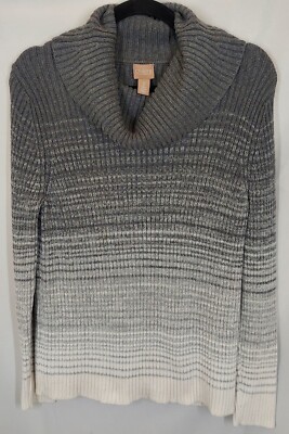  chico's size two cowel neck fitted sweater gray stripes Gg25