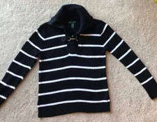 Lauren Ralph Lauren L Black Stripe Shawl Neck Sweater Gold Clip/Clasp Perfect