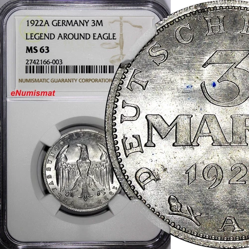 Germany,Weimar Republic 1922 A 3 Mark NGC MS63 LEGEND AROUND EAGLE KM# 29 (003)