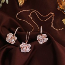 Rose Gold Plated Rose Flower Pendant Necklace Earrings Women CZ Jewelry Set Gift