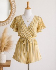 Yellow Striped Flutter Sleeve Romper Open Back Boho Beach Vacation Size M