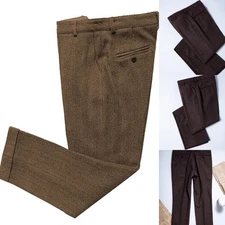 Mens Tweed Suit Pants Vintage Wool Herringbone Adjustable Waist Dress Trousers