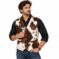Men's Genuine Cowhide Hair On Leather Vest Western Cowboy Waistcoat Brown White