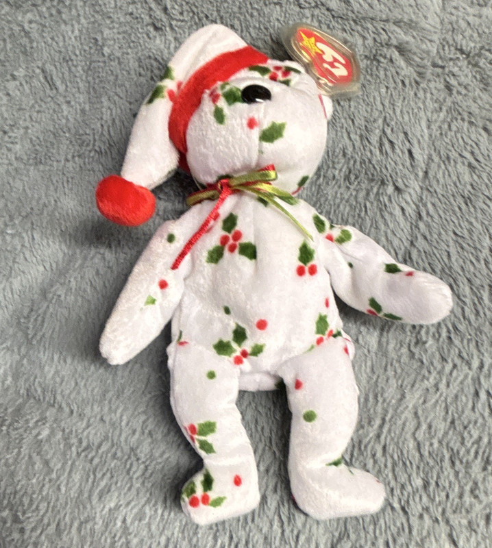 Ty Jingle Beanies Holiday Teddy Bear Holly Plush Beanbag Santa Hat 1999