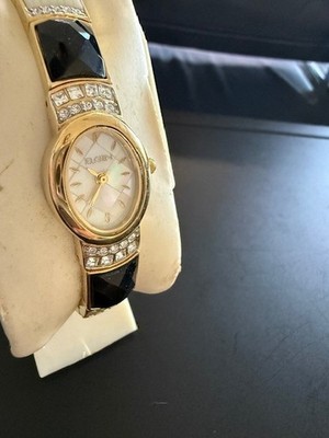 Elgin Womens Oval Black Yellow Gold Tone Mother Of Pearl  display picture 2